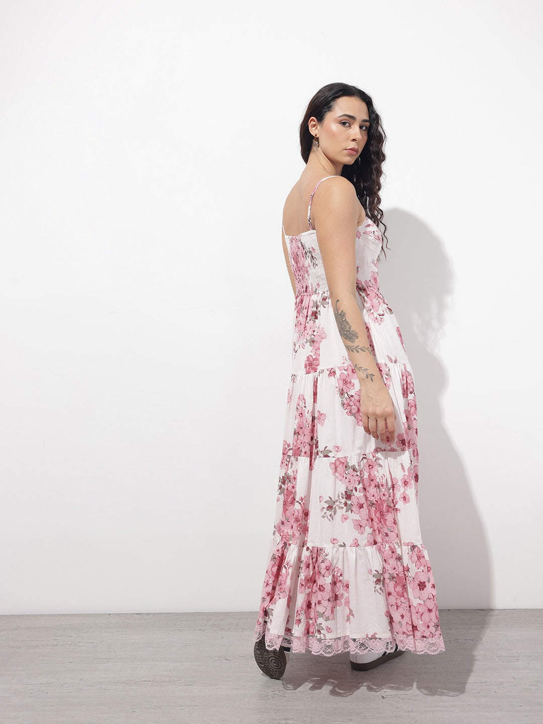 Pink & White Floral Cotton Fit & Flare Long Dress