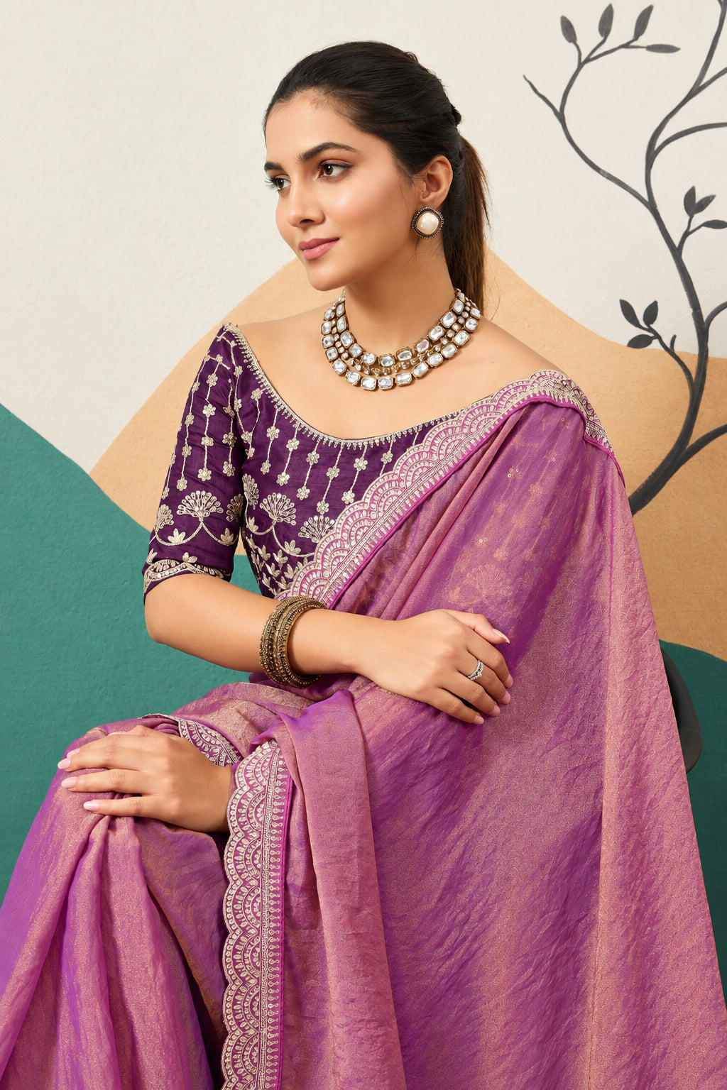 Designer Border Moss Saree & Sequined Silk Blouse