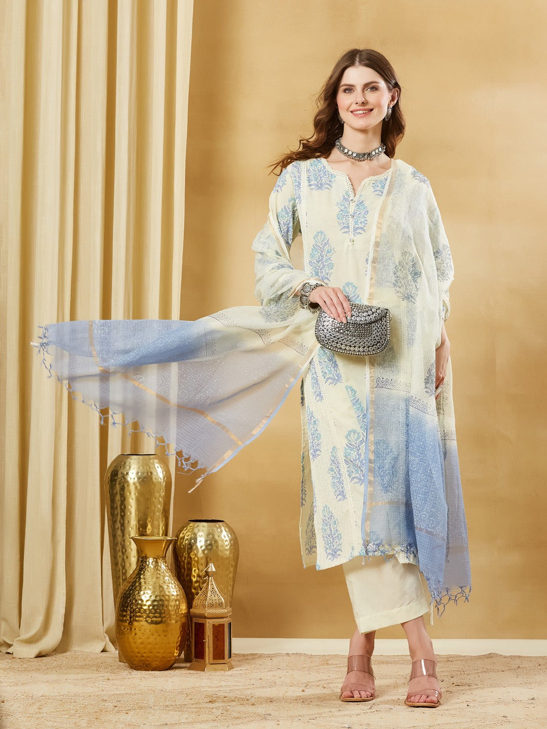 Blue Kurta Pant Set With Dupatta