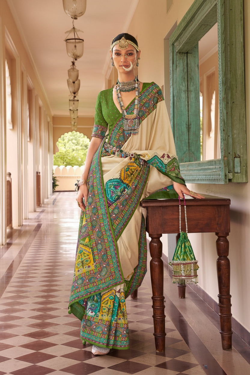 Mercerized Sigma Silk Saree | Classic Position Print in Tussar Color