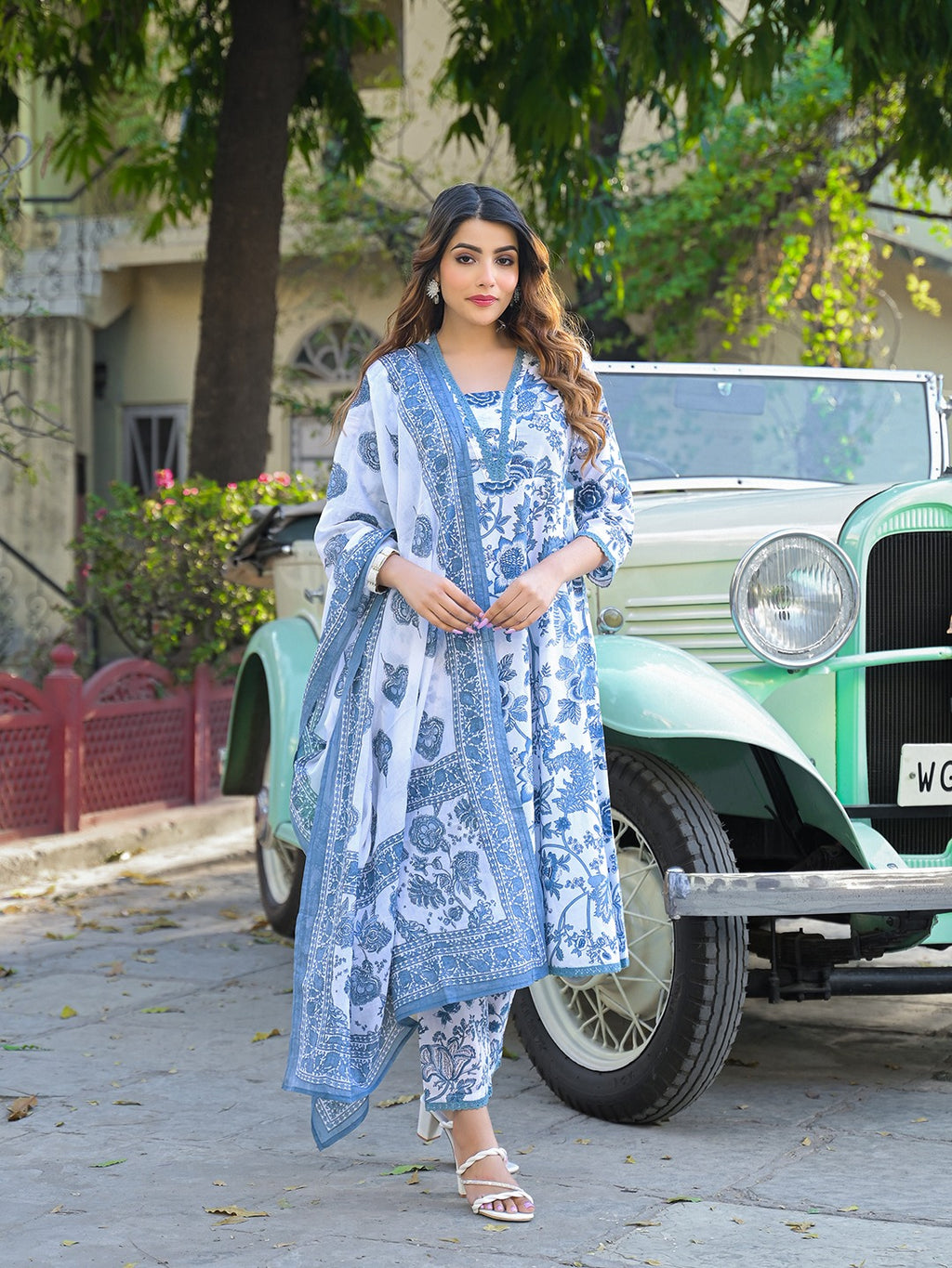 Floral Printed Anarkali Kurta with Trousers & Dupatta
