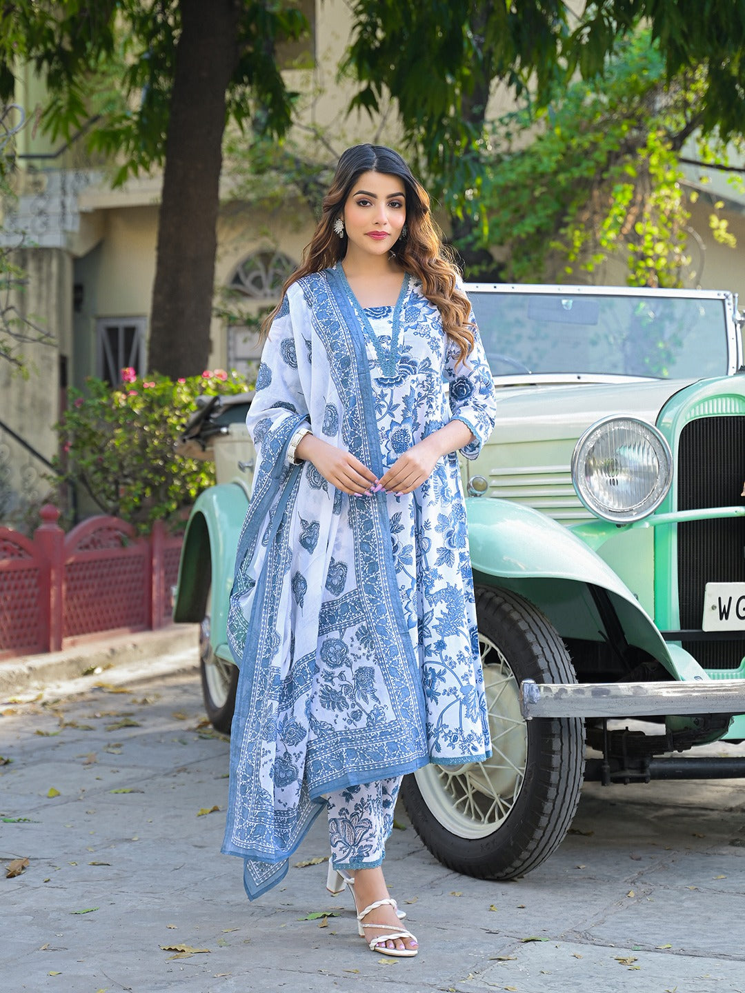 Floral Printed Anarkali Kurta with Trousers & Dupatta