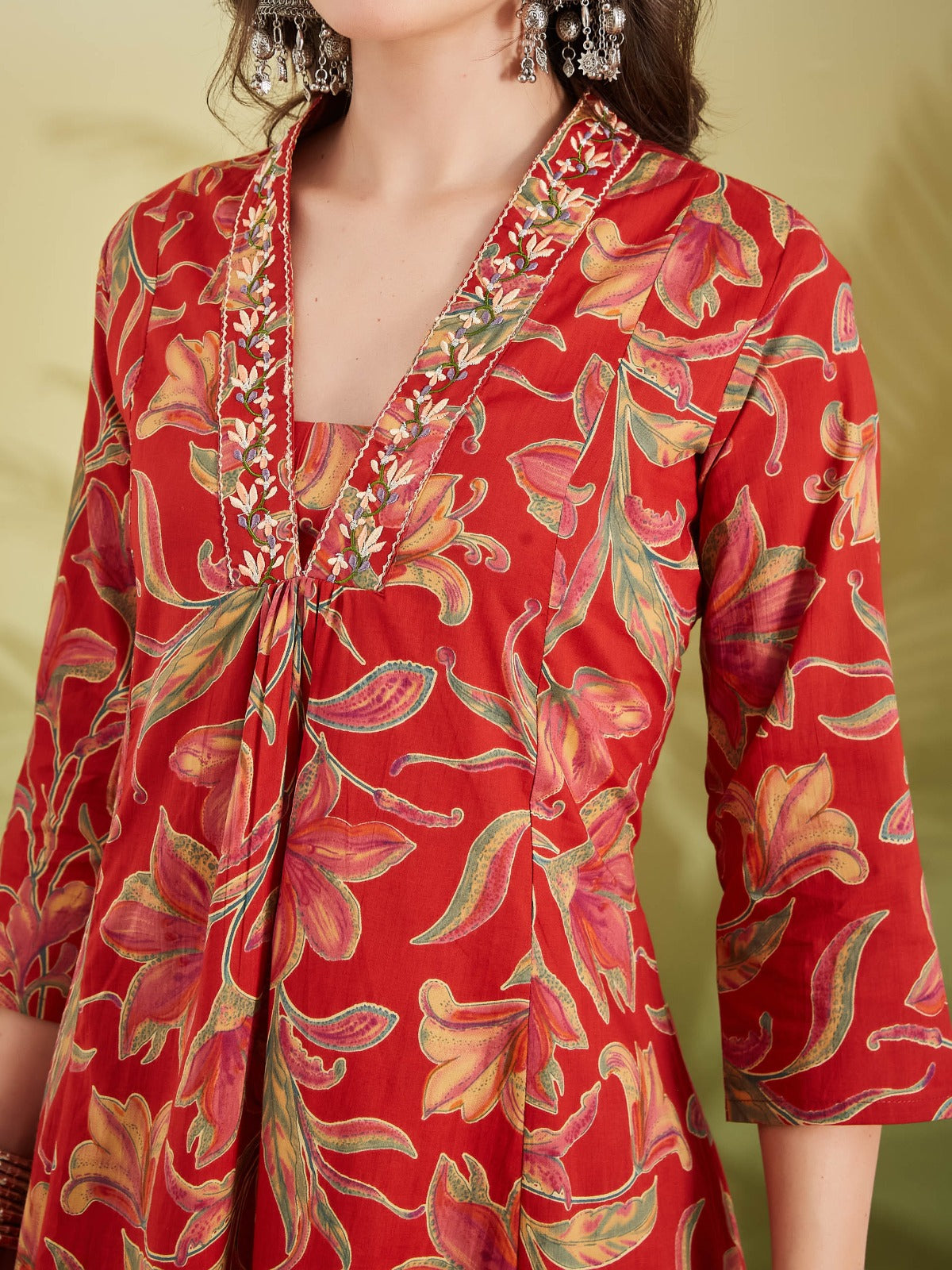 Women Floral Printed Pure Cotton A-line Red Anarkali Kurta With Pants