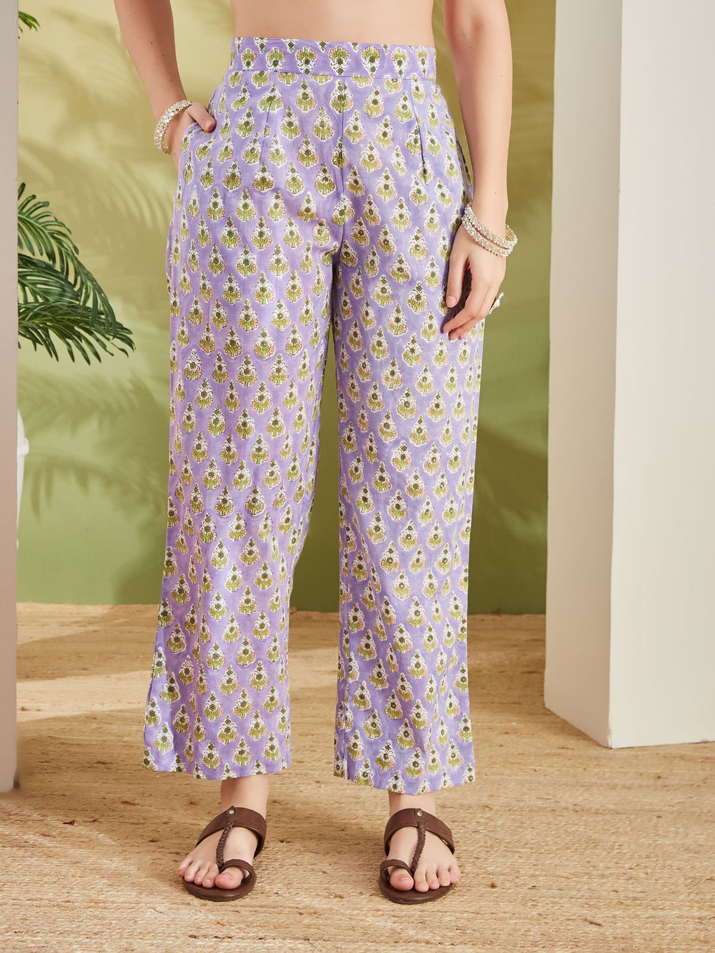 Women Hand block Printed Straight Fit Purple Kurta with Trousers & Dupatta