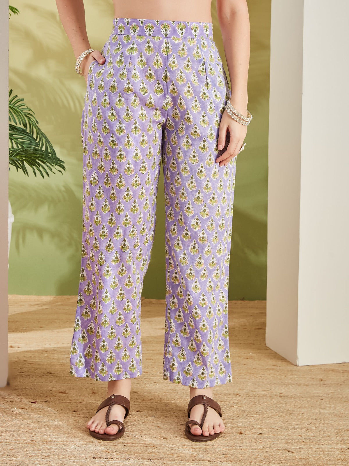 Women Hand block Printed Straight Fit Purple Kurta with Trousers & Dupatta
