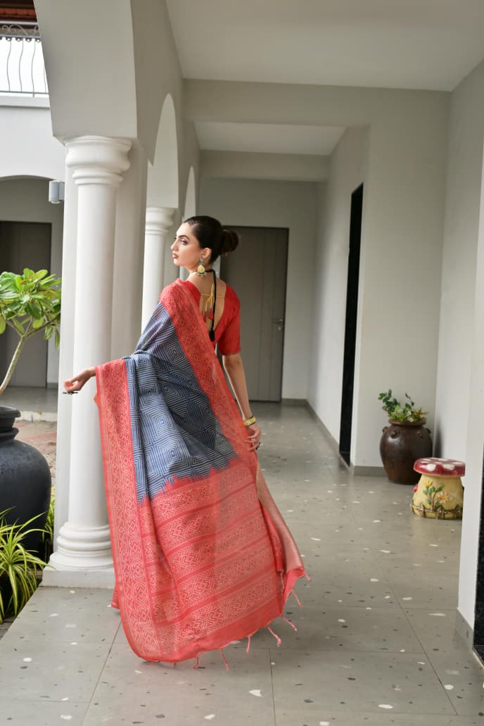 Soft Desi Tussar Silk Saree with Traditional Ikkat Pallu & Tassels