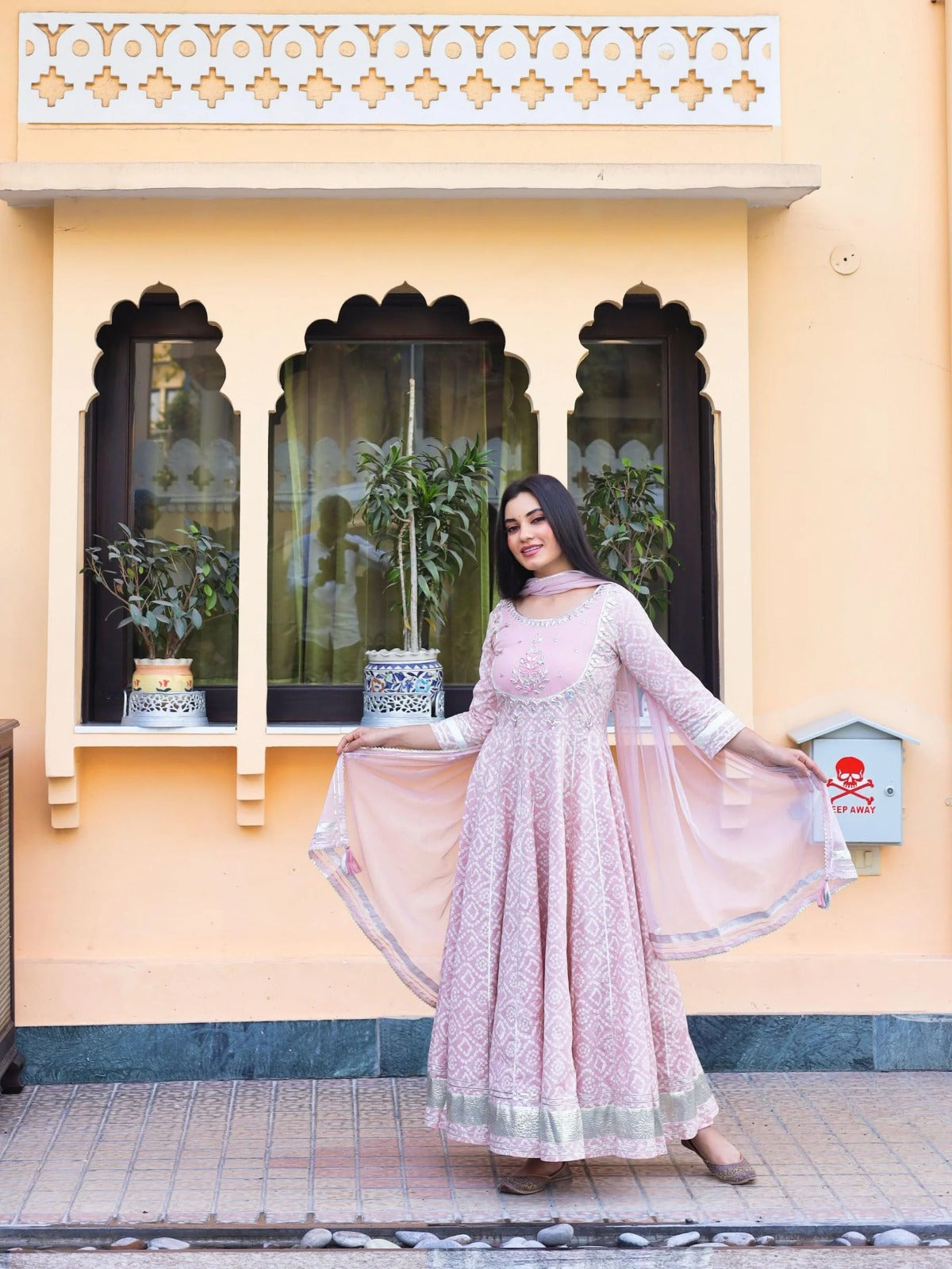 Light Pink Anarkali Kurta Pant set with Dupatta