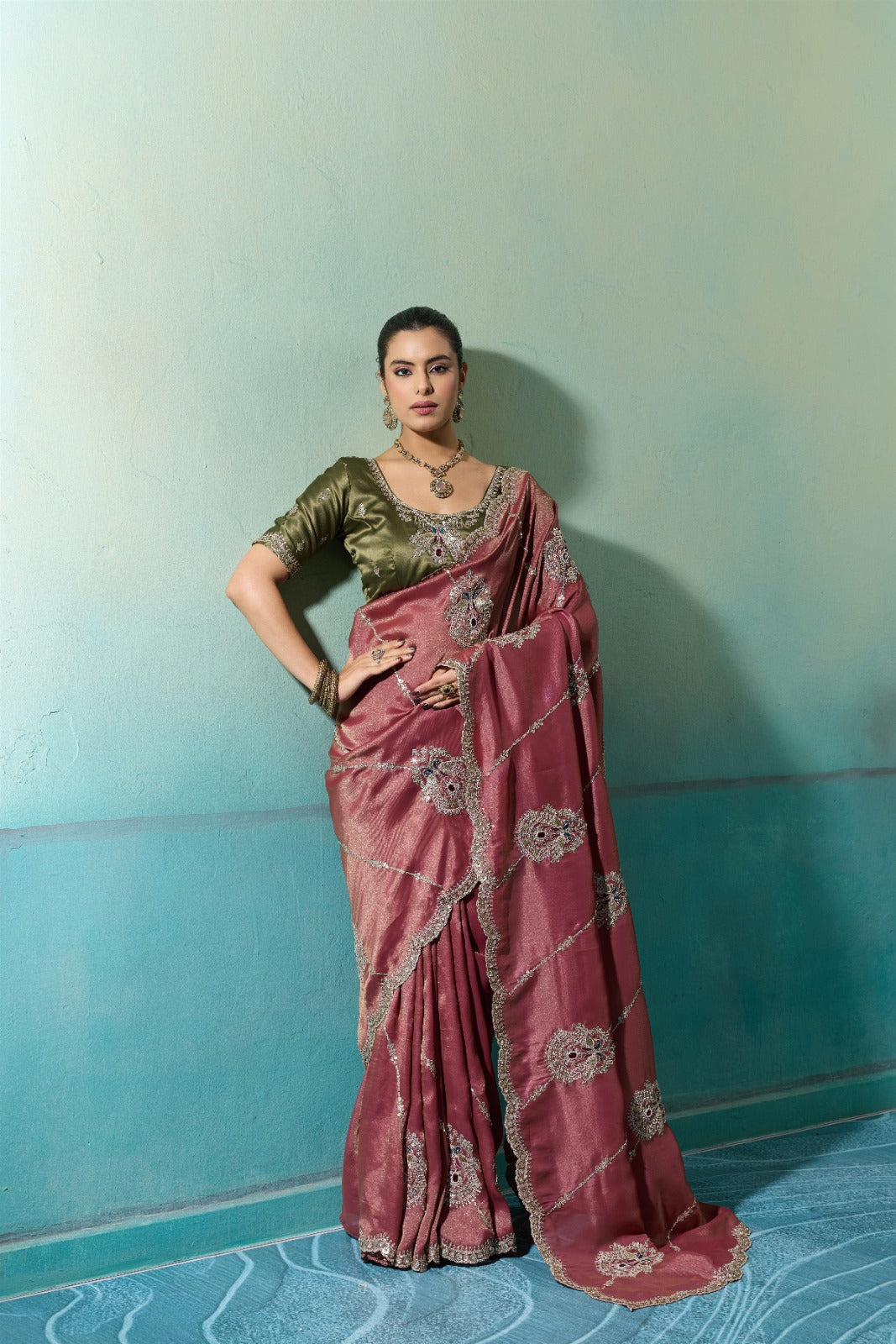 Premium Self-Stripe Giraffe Saree with Handcrafted Butta & Contrast Satin Blouse