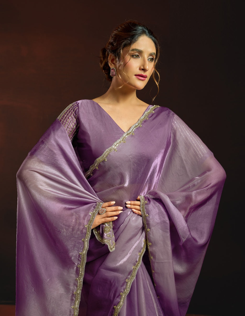 Dual-Tone Digital Shaded Fandy Satin Saree with Intricate Beadwork Border