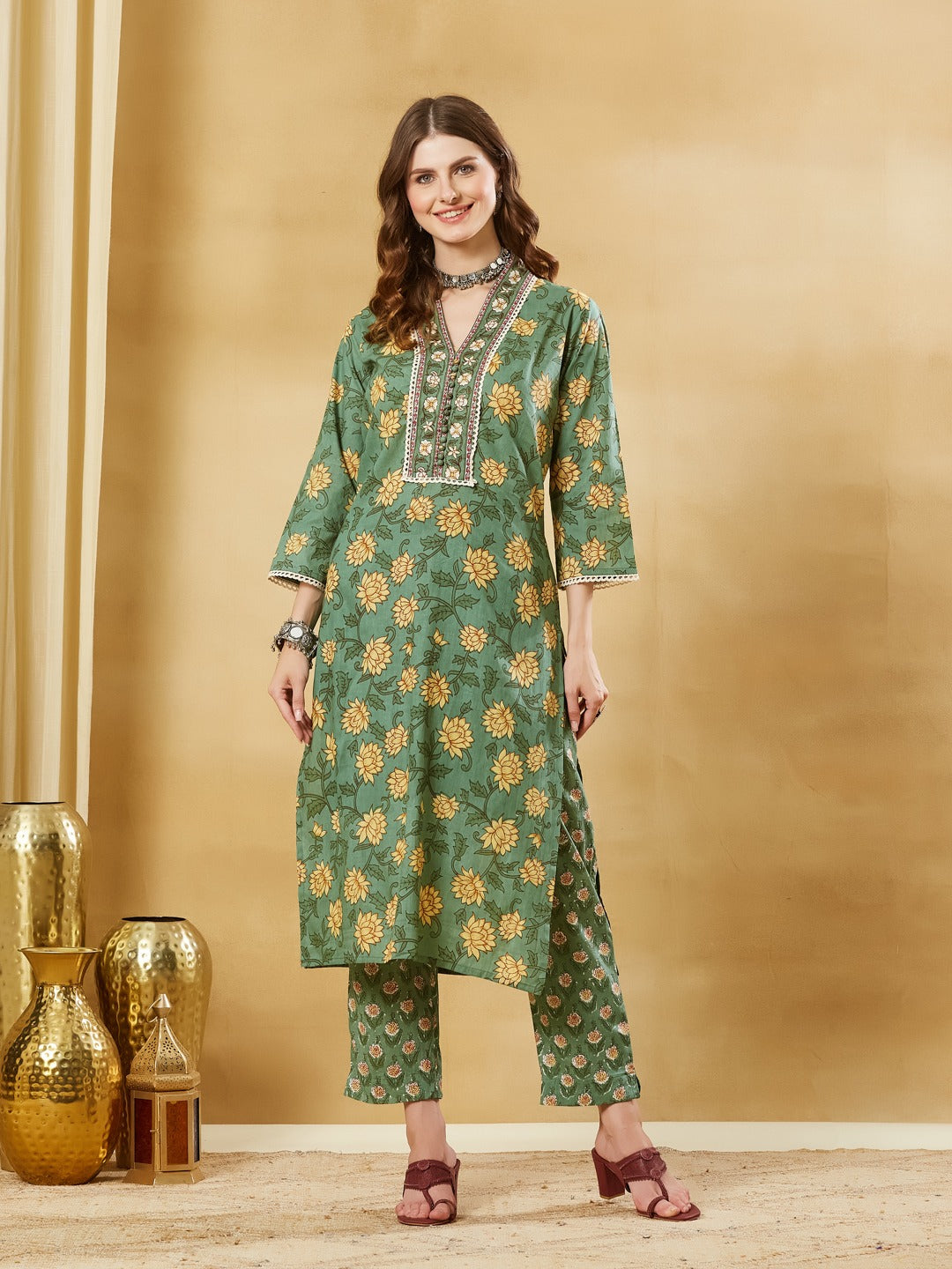 Green A-Line Kurta Pant Set With Dupatta
