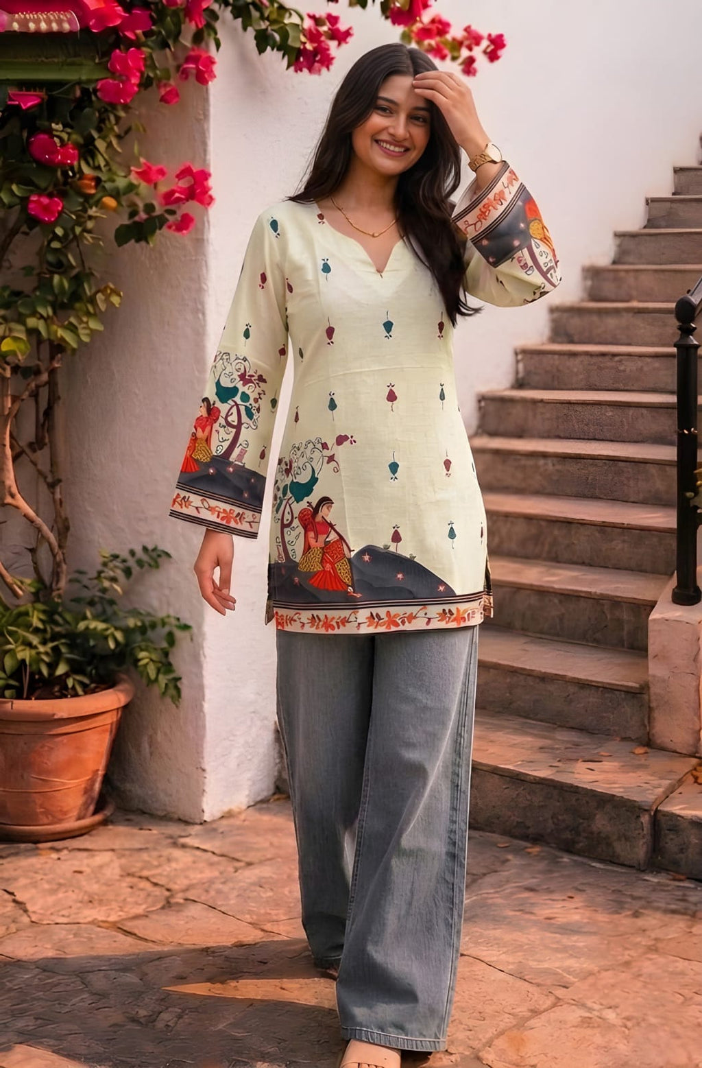 Classic Heritage: Cream Pure Cotton Kalamkari V-Neck Tunic