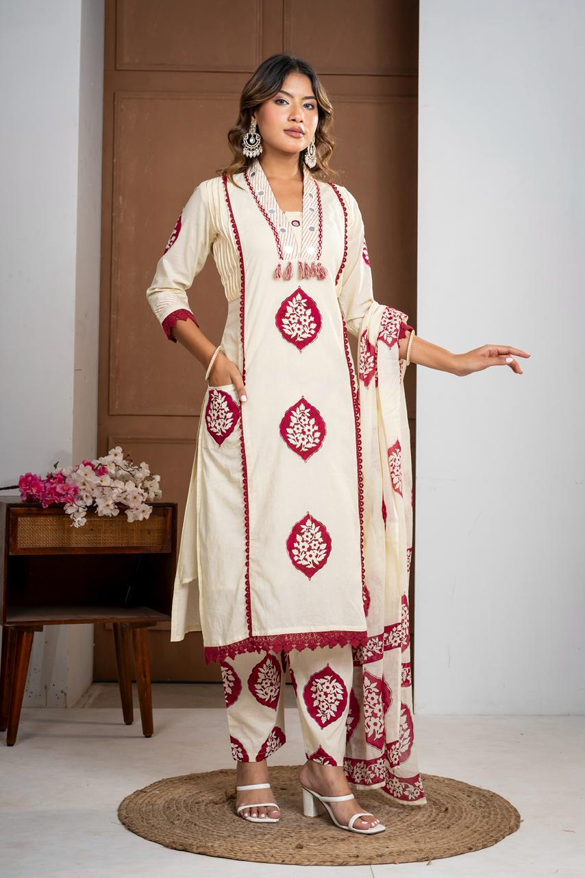 Premium Mal Cotton Floral Printed Suit Set with Embroidered Neckline & Lace Accents