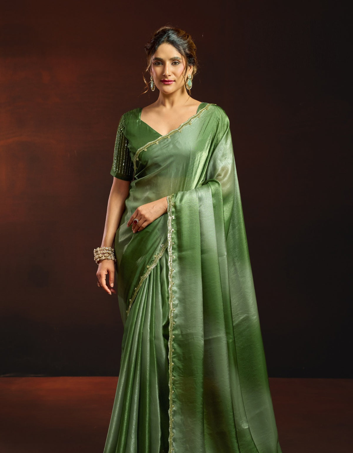 Dual-Tone Digital Shaded Fandy Satin Saree with Intricate Beadwork Border