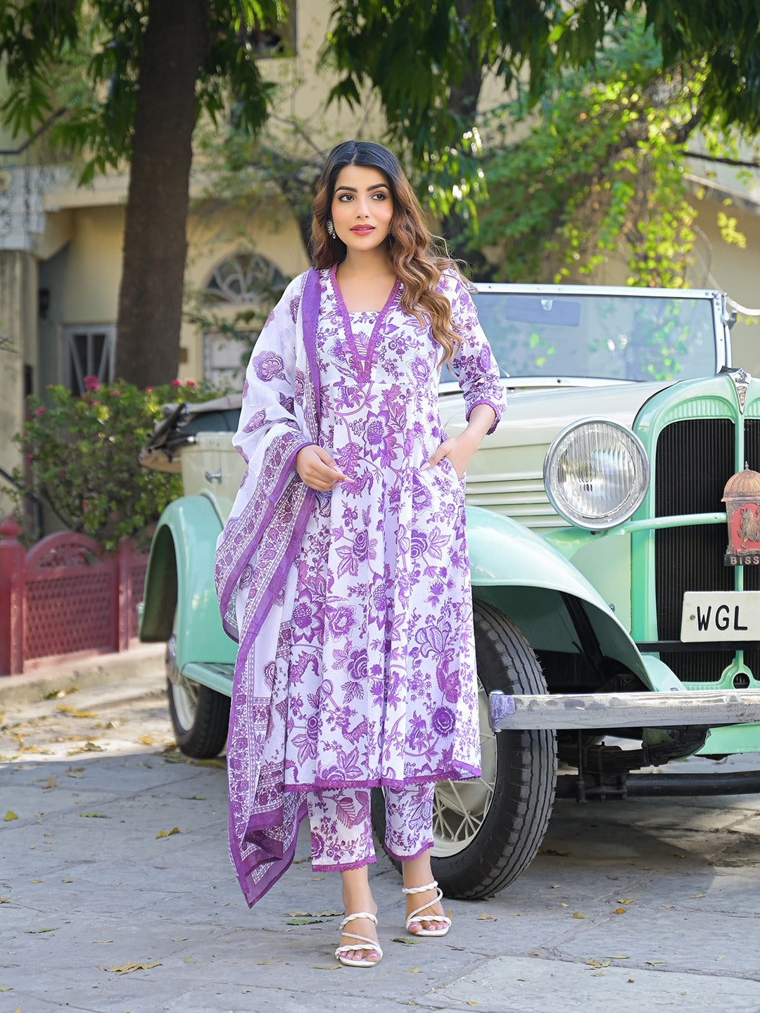 Floral Printed Anarkali Kurta with Trousers & Dupatta