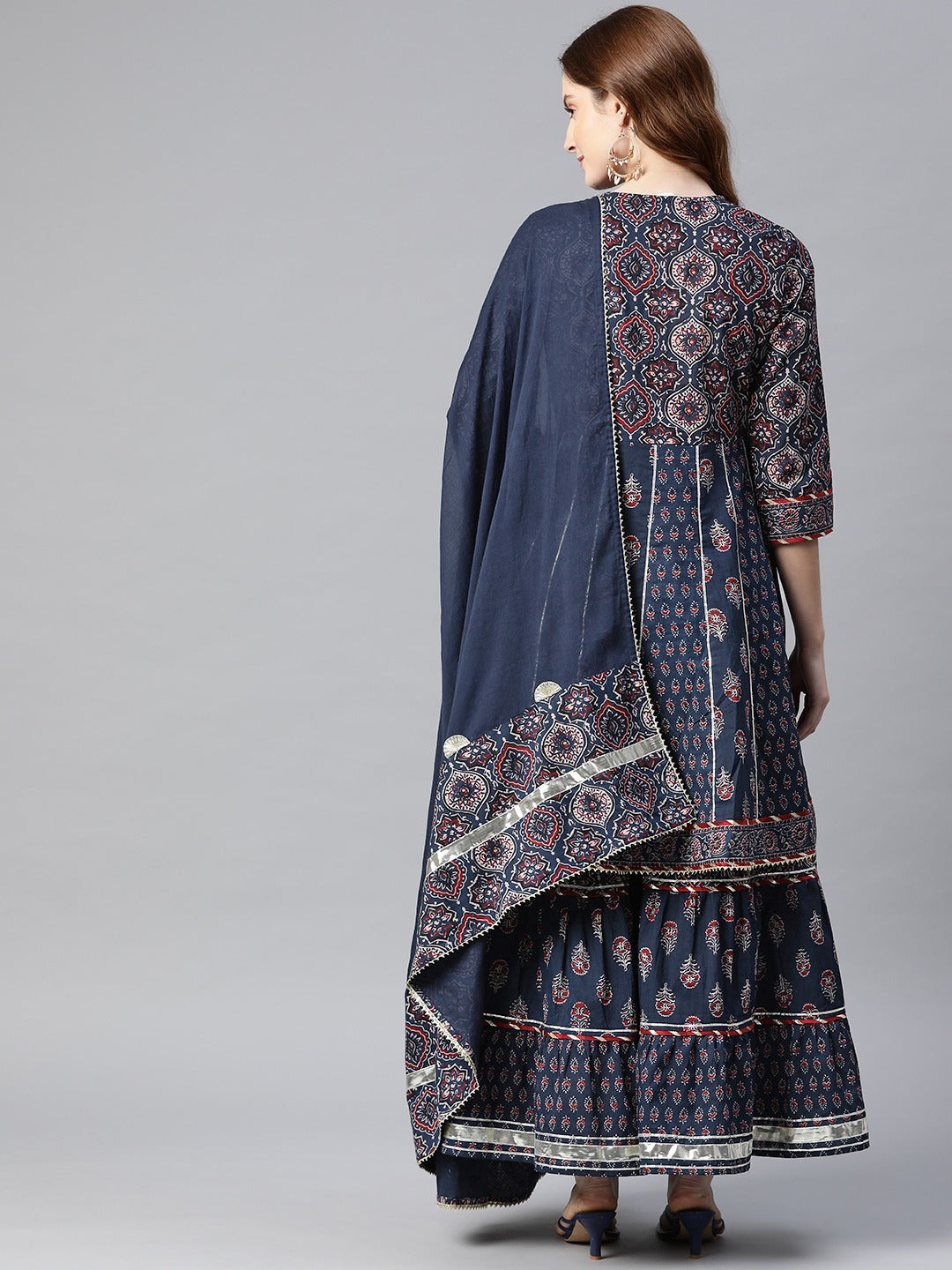 Women's Indigo Cotton Anarkali Short Kurti & Sharara Set with Dupatta
