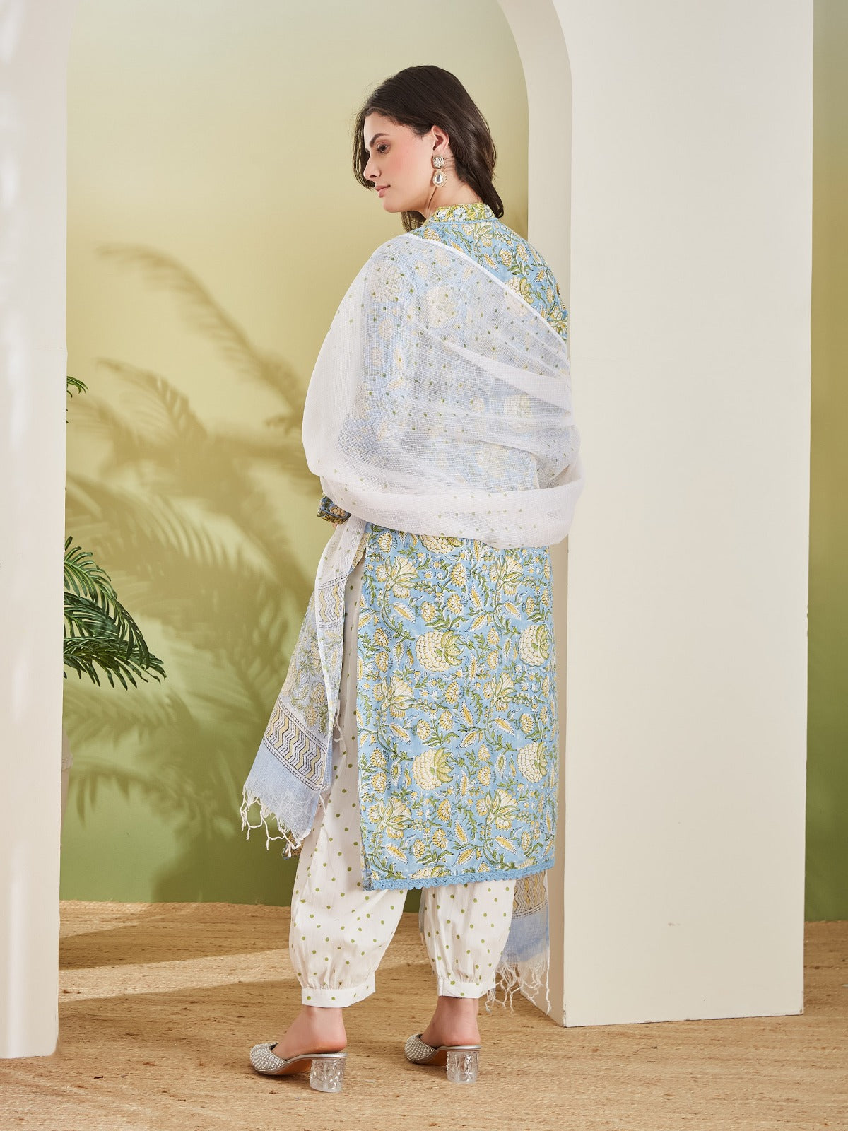 Sky Blue Handblock Printed Pure Cotton Kurta Set with Patiala Salwar & Kota Doria Dupatta