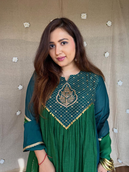 Pure Handcrafted Royalty! 2-Tone Green Mal Chanderi Anarkali 4-Piece Set
