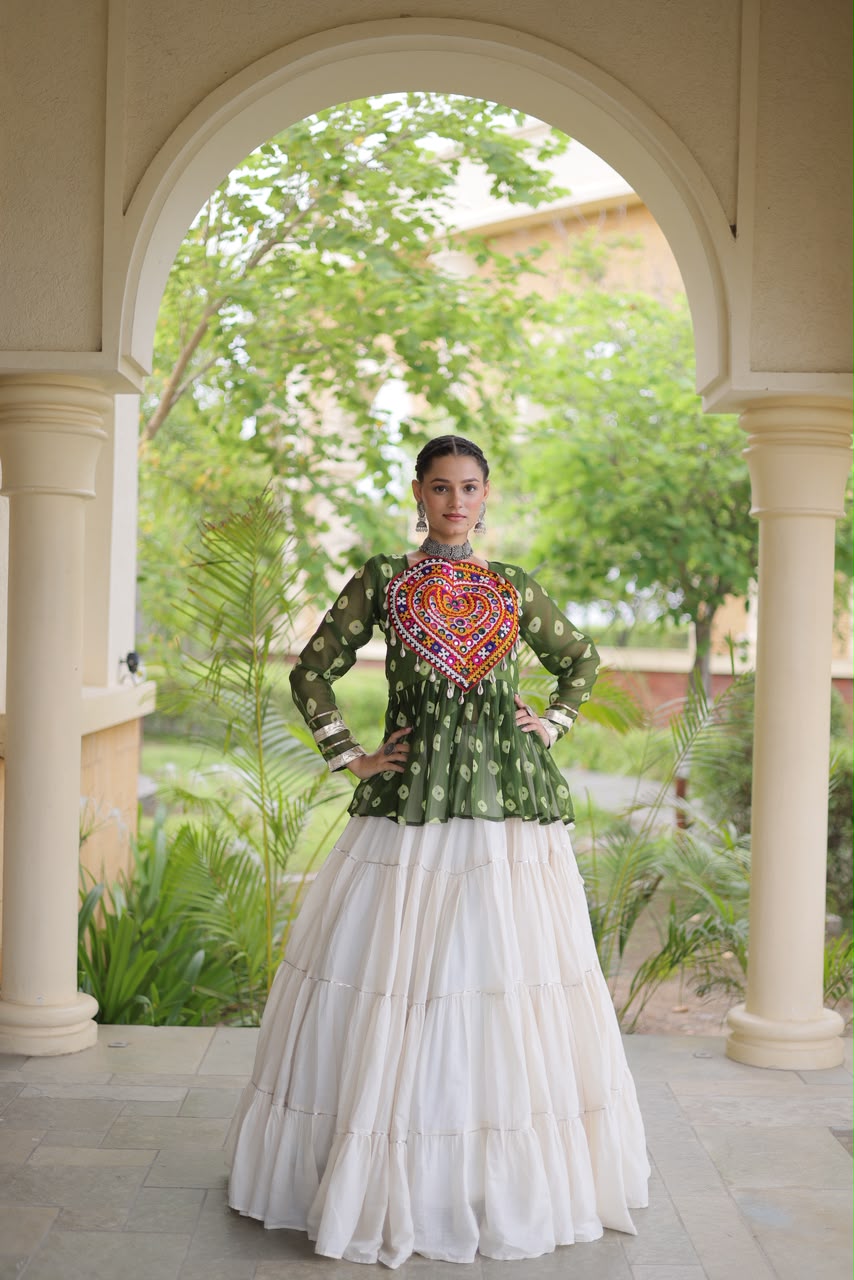 Kutchi Gamthi Patchwork Bandhani Top with Tiered Kora Cotton Lehenga