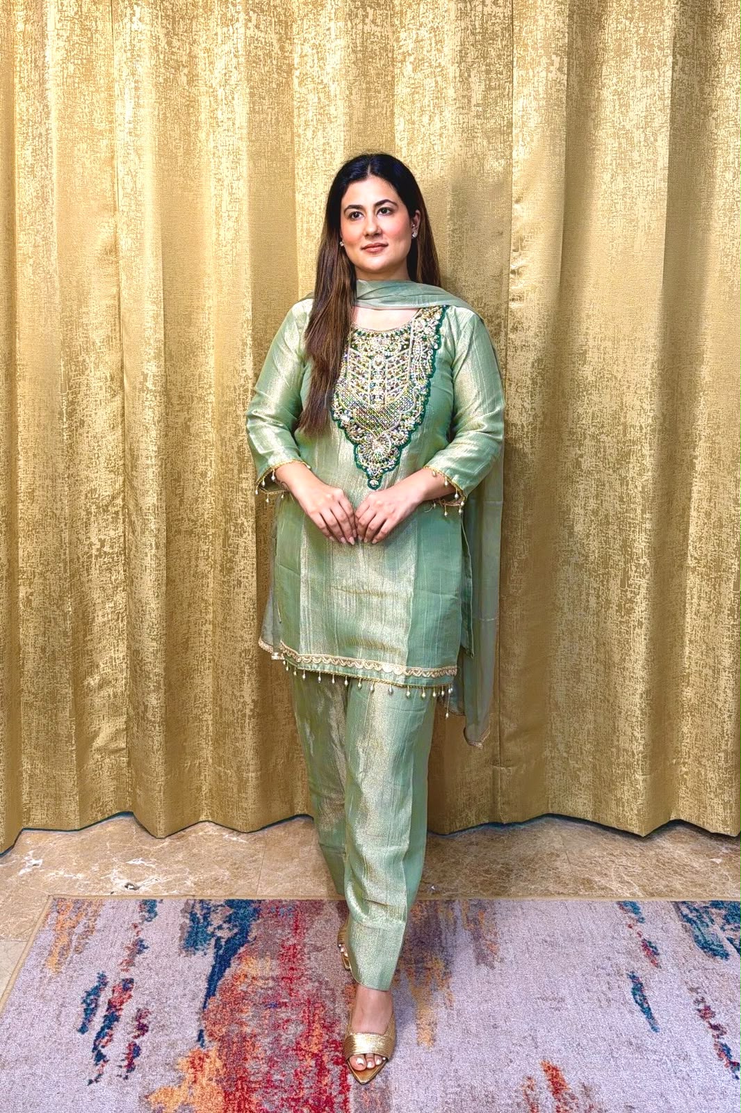 Pure Tissue Salsa Sequence Embroidered 3-Piece Kurti Set with Plazo & Dupatta
