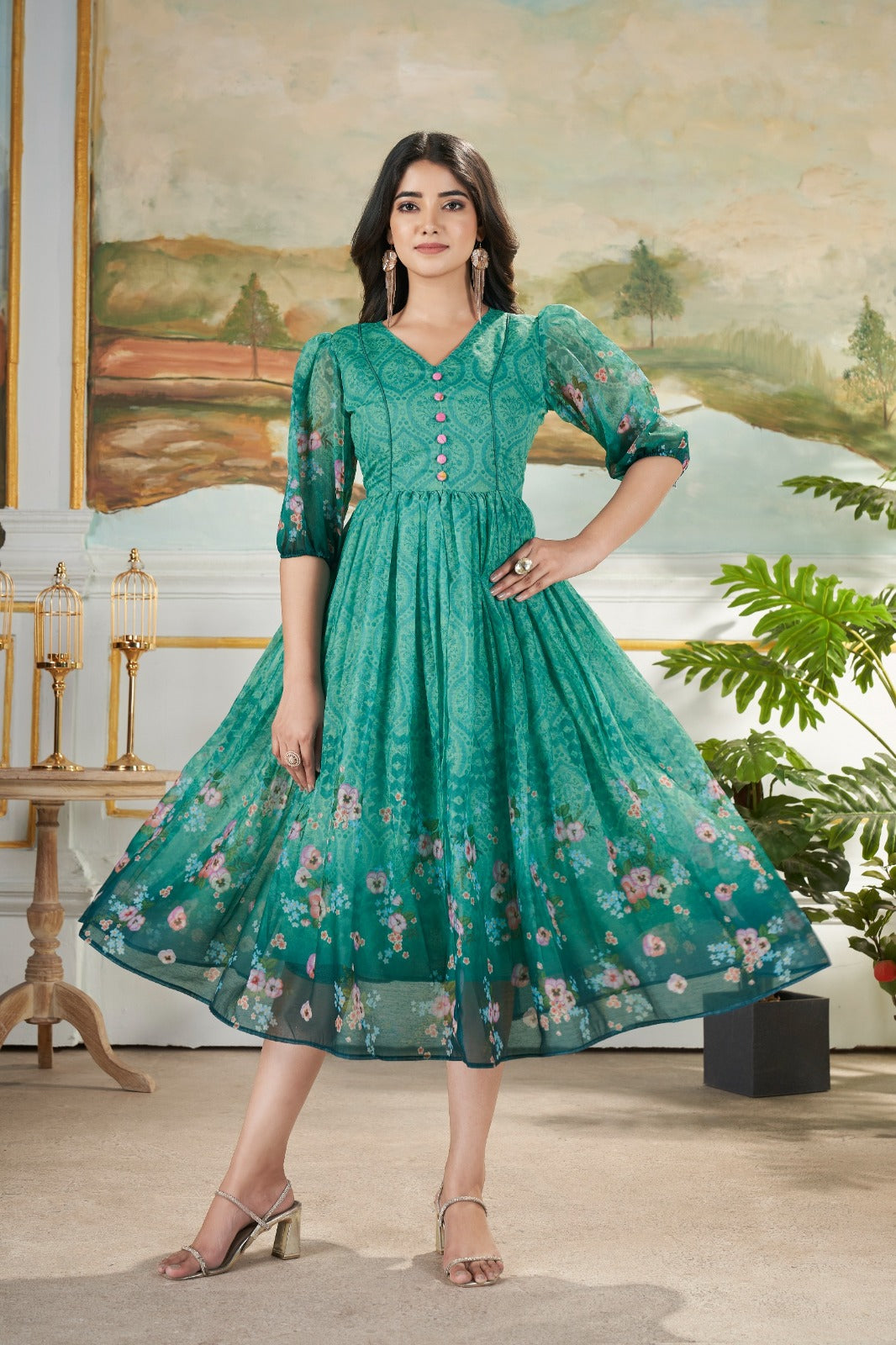 Radiate Effortless Elegance: Vibrant Green Printed Muslin Mix Dress with 4-Meter Voluminous Flair