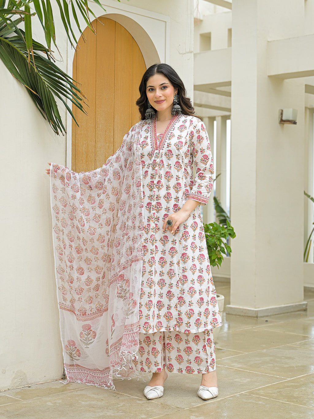White Hand Block A-Line Kurta Pant Sets With Dupatta