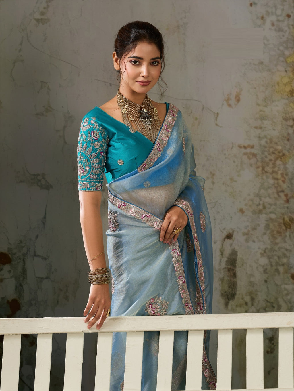 Metallic Tissue Saree with Pita Zari & Antique Sleeve-Embroidered Satin Blouse