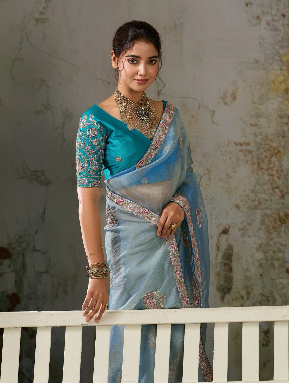Metallic Tissue Saree with Pita Zari & Antique Sleeve-Embroidered Satin Blouse