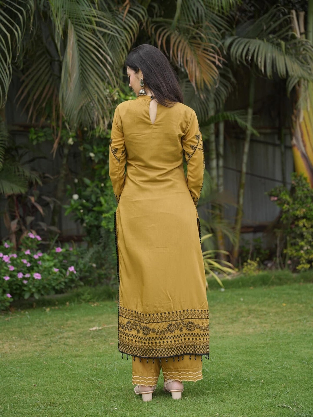Elegance Redefined: Mustard Ochre Embroidered Muslin 3-Piece Set