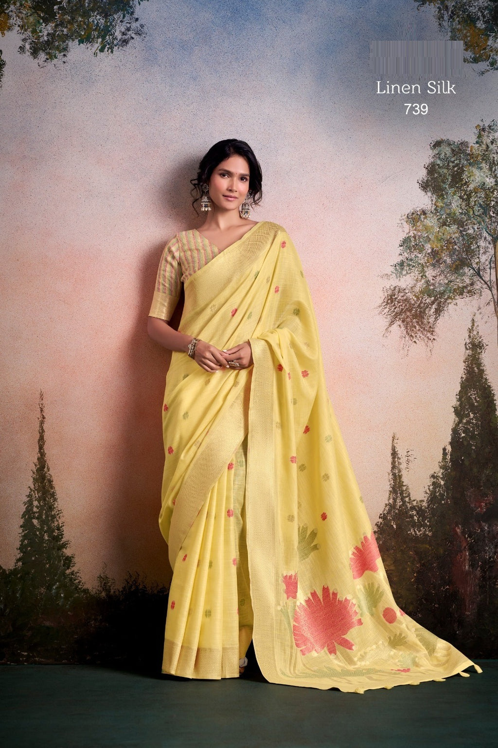 Ethereal Linen Silk Saree with Floral Motif Pallu & Printed Blouse Piece