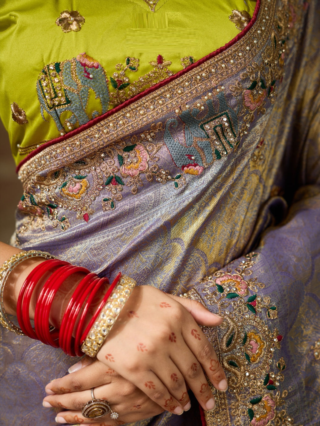 Designer Banarasi Silk Jacquard Saree with Zarkan & Pearl Handwork with Contrast Blouse