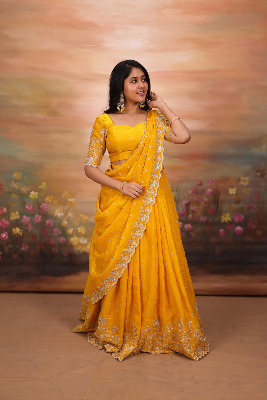 Embroidered Sindoori Silk Lehenga Set | Yellow & Teal Festive Suit