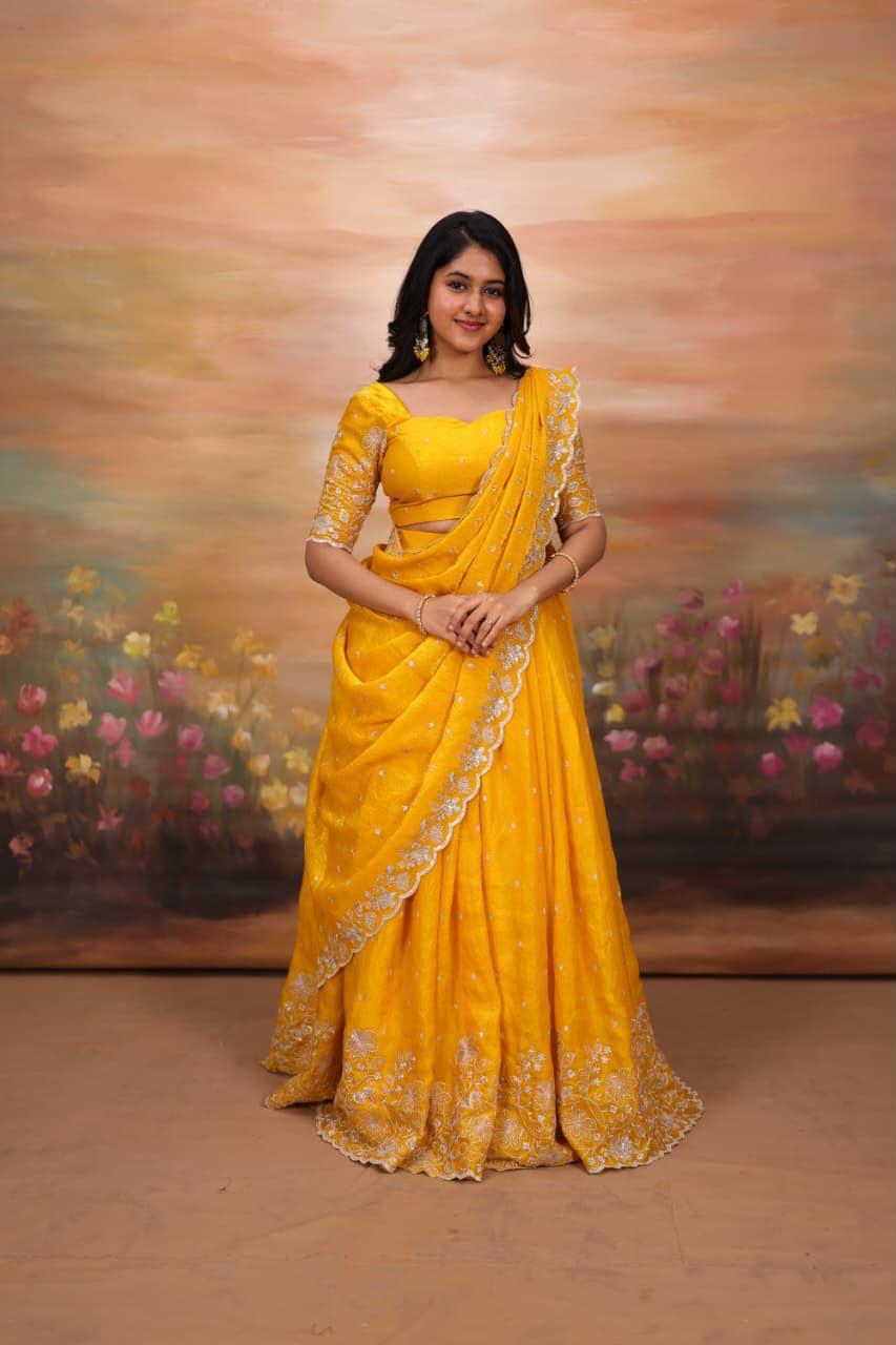 Embroidered Sindoori Silk Lehenga Set | Yellow & Teal Festive Suit