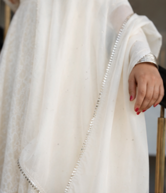 Elegant white Indian ethnic dupatta with silver gota patti border detail.