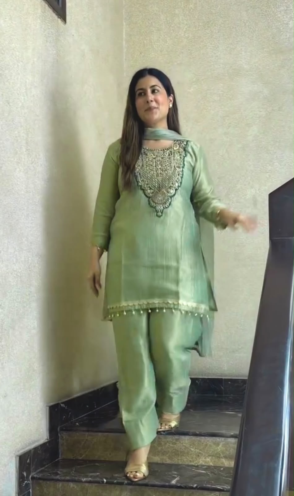 Pure Tissue Salsa Sequence Embroidered 3-Piece Kurti Set with Plazo & Dupatta