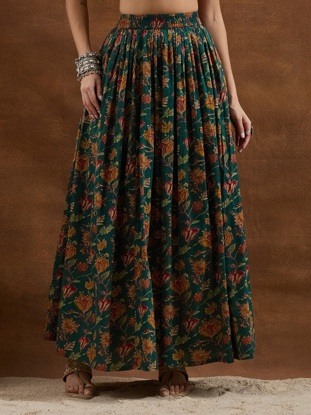 Green Floral Printed Cotton Straight Kurti Skirt & Dupatta Set