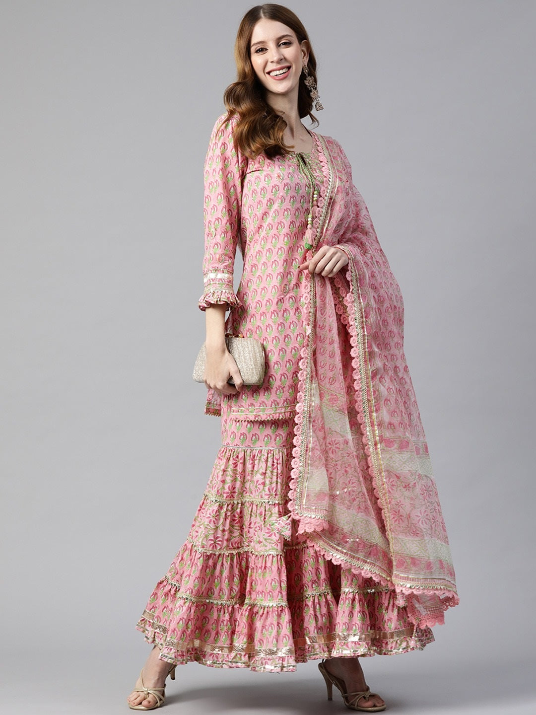 Pink Floral Hand Block Printed Kurta Sharara Set with Dupatta