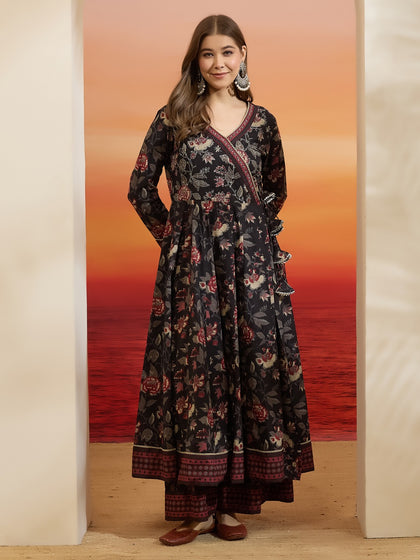 Elegant Black Floral Cotton Anarkali Set with Latkans & Dupatta