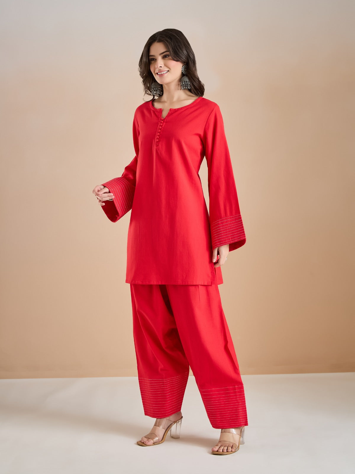 Coral Red Solid Cotton Farshi Salwar Set