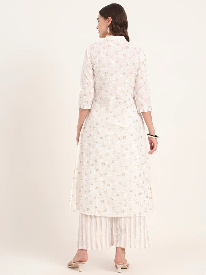 White Floral Printed Cotton Kurta Pant Sets
