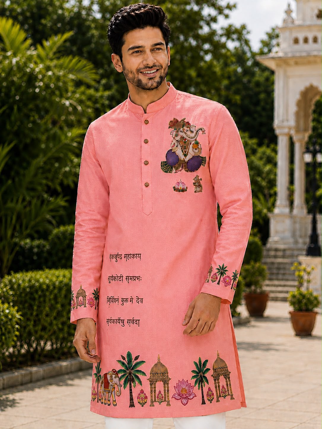 Man wearing a peach pink ethnic kurta with Ganesha embroidery and traditional motifs.