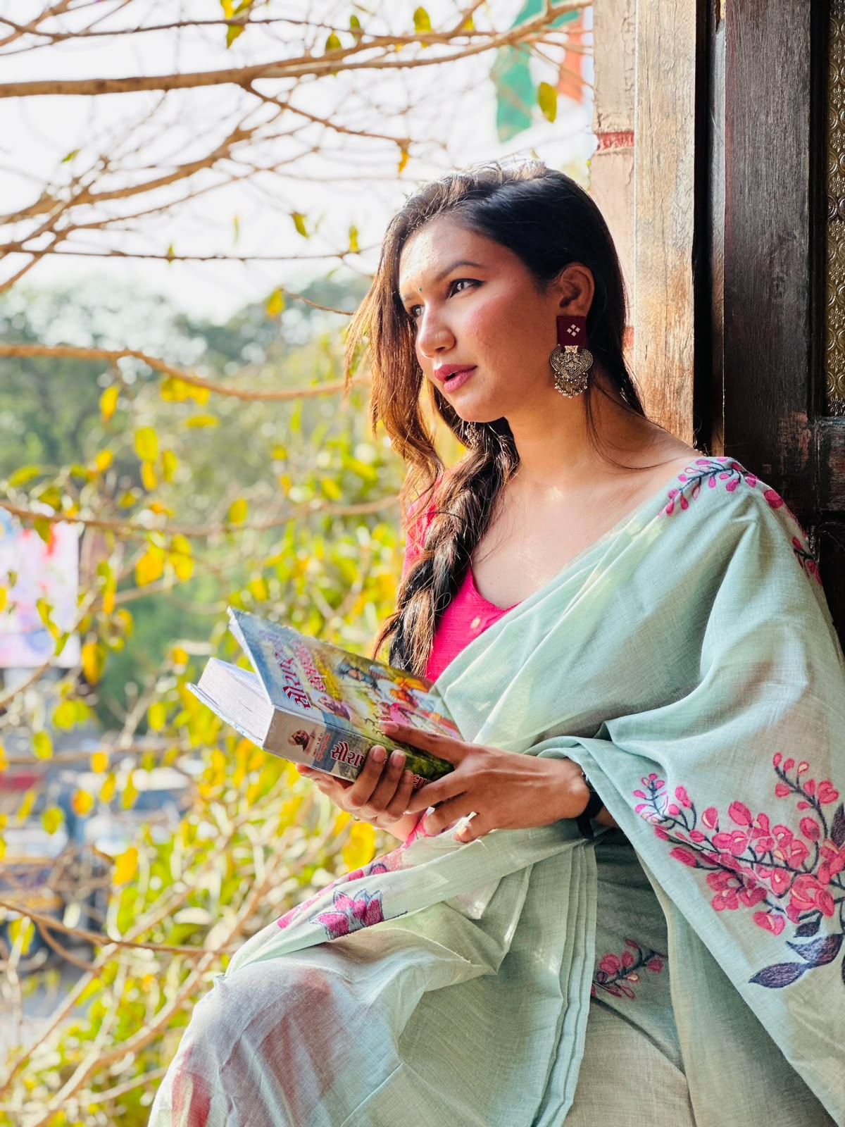 Premium Soft Muga Silk Saree with All-Over Floral Weaving & Contrast Blouse