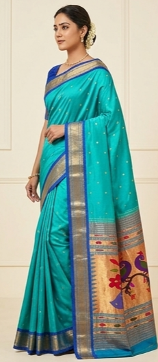Pure Silk Handloom Paithani Saree in Turquoise with Fancy Peacock Pallu