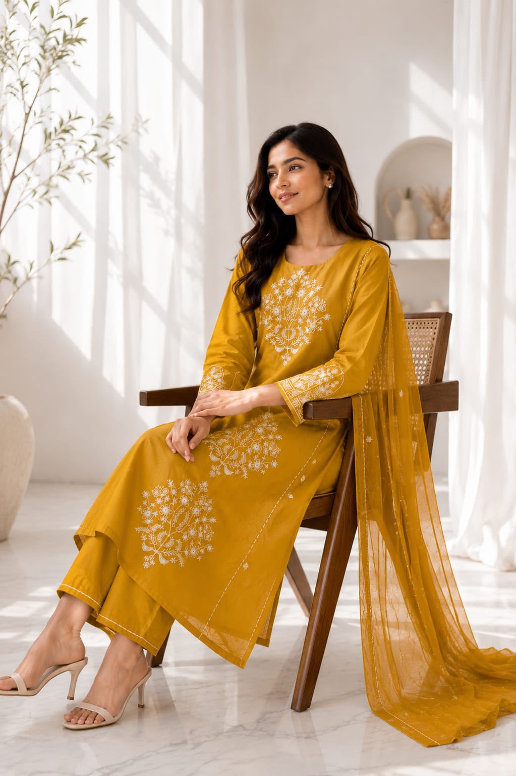 Handcrafted Pure Cotton Anarkali Suit Set with Embroidered Mulmul Dupatta