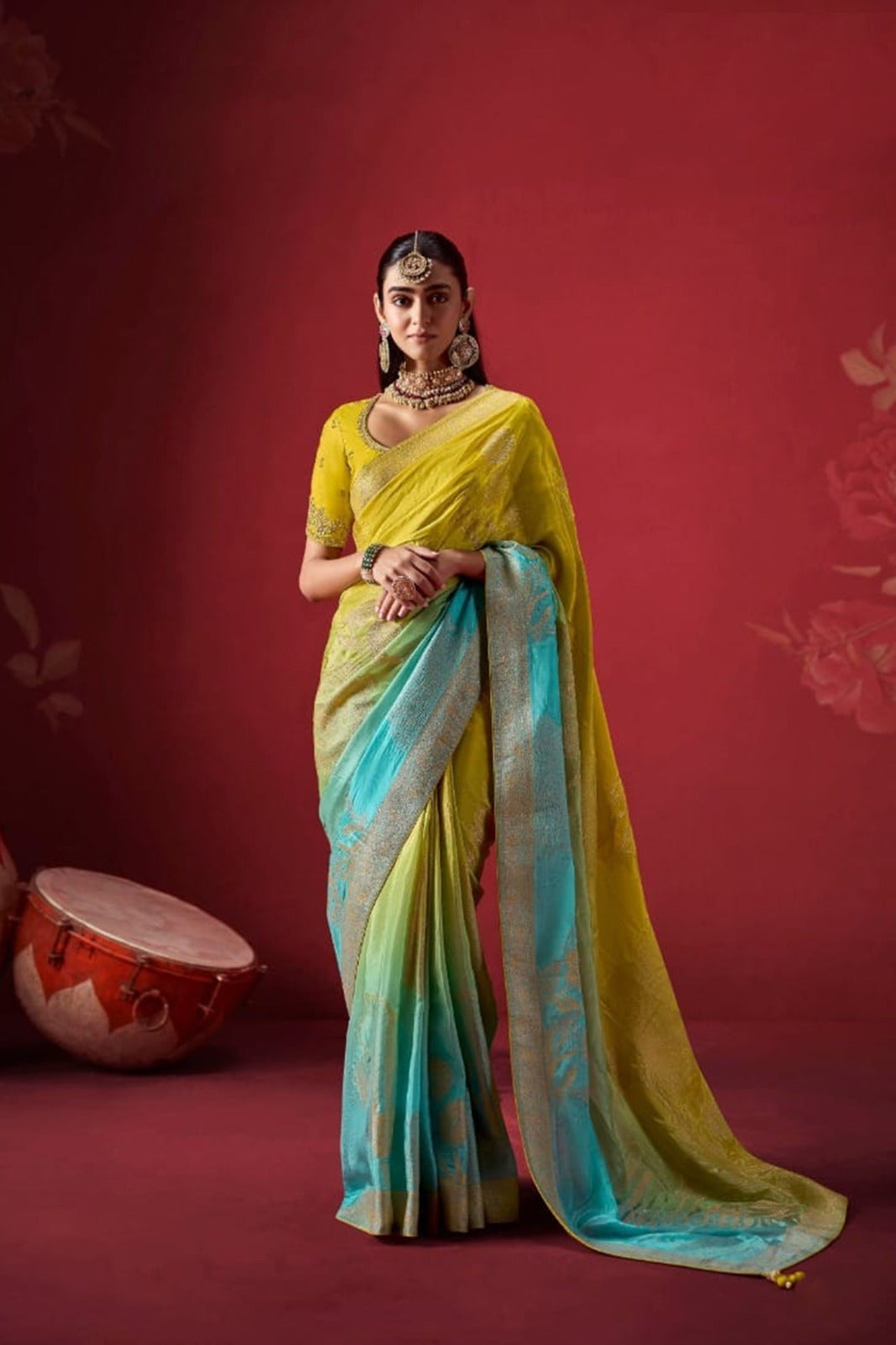 Ombré Dola Crape Silk Saree with Handcrafted Kundan Blouse