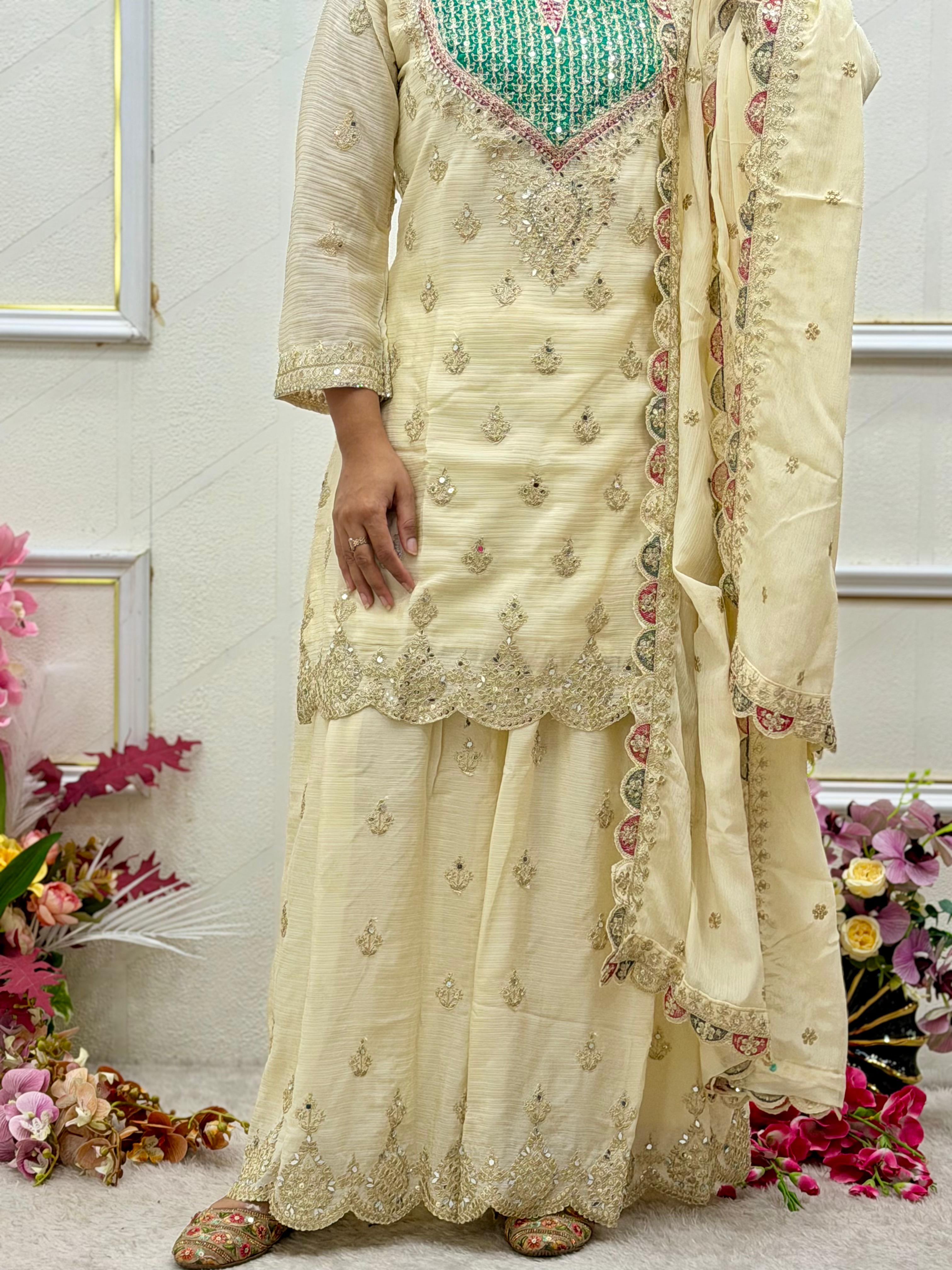 Gleam in Opulence: Fully Stitched Chinon Silk Sharara Suit Set with Emerald Yoke & Mirror Diamond Handwork