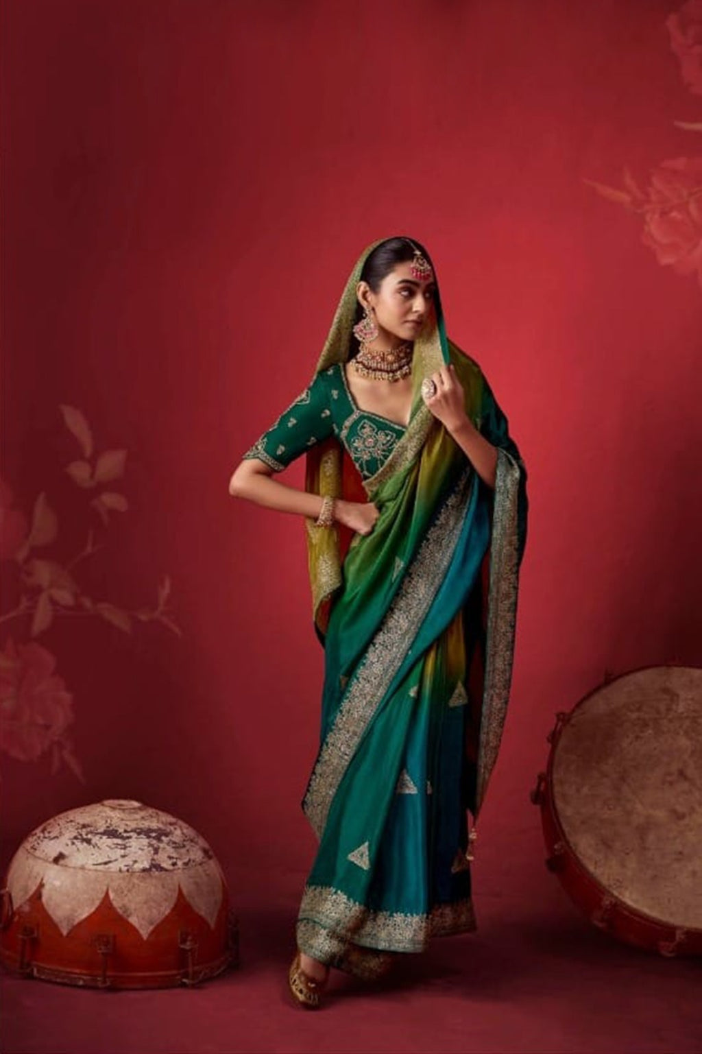 Ombré Dola Crape Silk Saree with Handcrafted Kundan Blouse