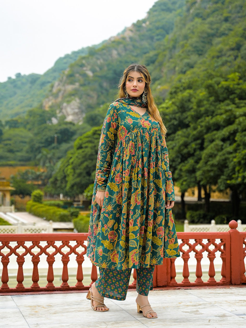 Dark Green V-Neck Pure Cotton Anarkali Kurta Set