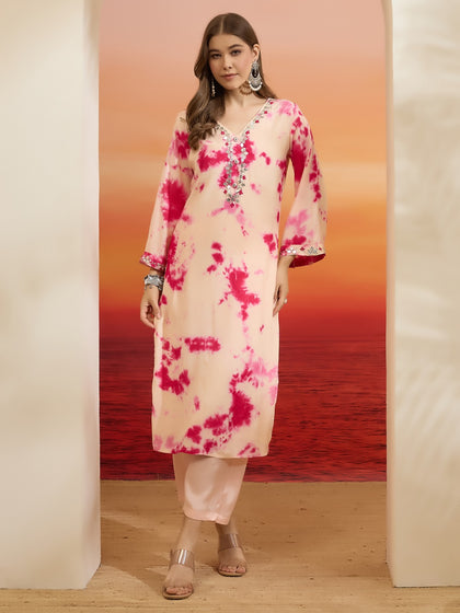 Pink & Peach Muslin Tie-Dye Kurta Set with Hand-Embroidered Mirror Work