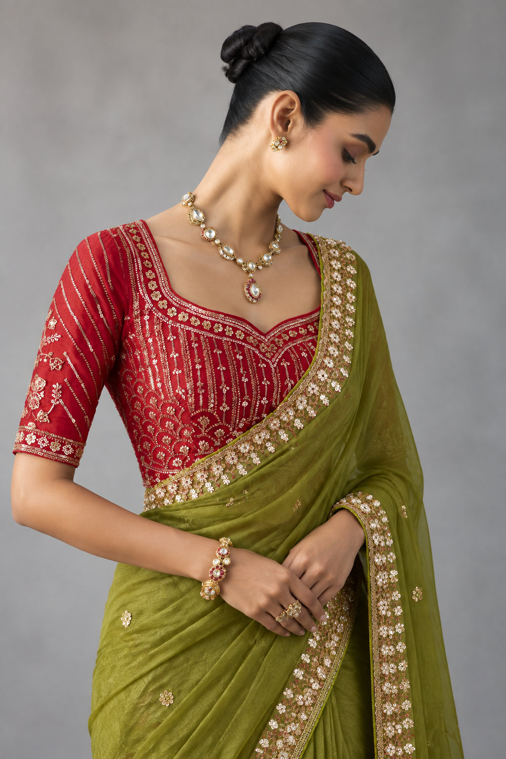 Embellished Sheer Silk Saree with Heavy Contrast Work Blouse