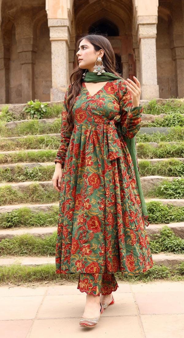 Ethereal Grace: English Green Floral Cotton Angrakha Anarkali Set with Scalloped Kota Doria Dupatta